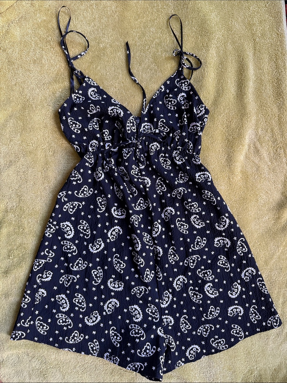 Bershka Navy Paisley Tie-Shoulder jumper